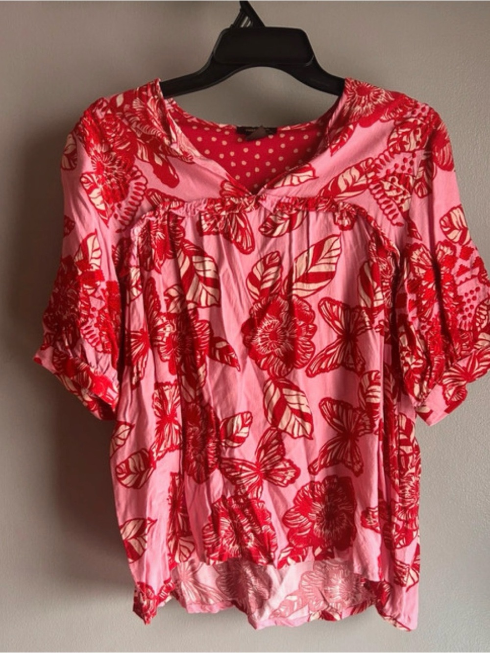 Anthropologie Pink Top with Red Floral Print